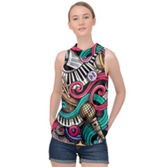Doodle Colorful Music Doodles High Neck Satin Top by 99art
