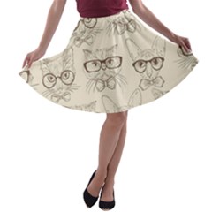 Seamless Pattern Hand Drawn-cats-with Hipster Accessories A-line Skater Skirt by Vaneshart