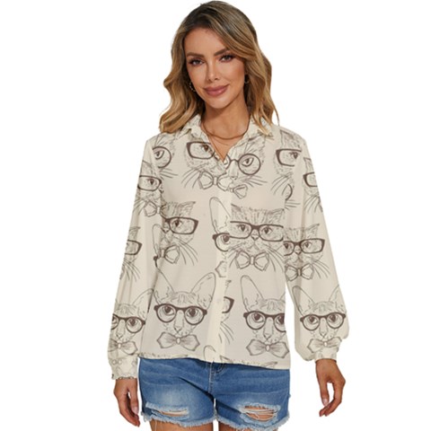 Seamless Pattern Hand Drawn-cats-with Hipster Accessories Women s Long Sleeve Button Up Shirt by Vaneshart