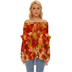 Wallpaper Background Autumn Fall Off Shoulder Chiffon Pocket Shirt