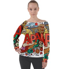 Earthquake And Tsunami Drawing Japan Illustration Off Shoulder Long Sleeve Velour Top