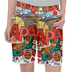 Earthquake And Tsunami Drawing Japan Illustration Women s Pocket Shorts