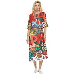 Earthquake And Tsunami Drawing Japan Illustration Double Cuff Midi Dress