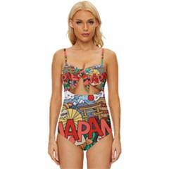 Earthquake And Tsunami Drawing Japan Illustration Knot Front One-Piece Swimsuit