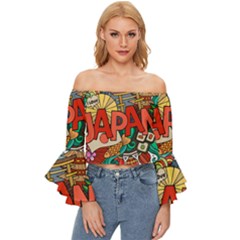 Earthquake And Tsunami Drawing Japan Illustration Off Shoulder Flutter Bell Sleeve Top