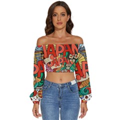 Earthquake And Tsunami Drawing Japan Illustration Long Sleeve Crinkled Weave Crop Top