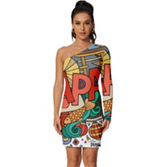 Earthquake And Tsunami Drawing Japan Illustration Long Sleeve One Shoulder Mini Dress