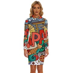 Earthquake And Tsunami Drawing Japan Illustration Long Sleeve Shirt Collar Bodycon Dress