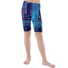 Digital Art Artwork Illustration Vector Buiding City Kids  Mid Length Swim Shorts by 99art