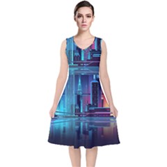 Digital Art Artwork Illustration Vector Buiding City V-neck Midi Sleeveless Dress  by 99art