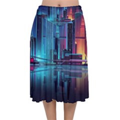 Digital Art Artwork Illustration Vector Buiding City Velvet Flared Midi Skirt by 99art