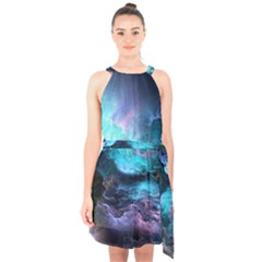 Abstract Graphics Nebula Psychedelic Space Halter Collar Waist Tie Chiffon Dress by 99art