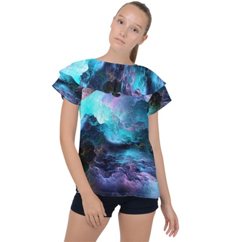 Abstract Graphics Nebula Psychedelic Space Ruffle Collar Chiffon Blouse by 99art