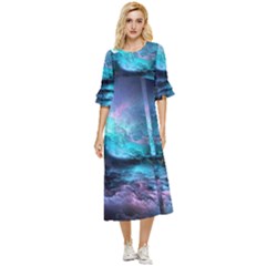 Abstract Graphics Nebula Psychedelic Space Double Cuff Midi Dress