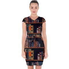 Assorted Title Of Books Piled In The Shelves Assorted Book Lot Inside The Wooden Shelf Capsleeve Drawstring Dress  by 99art