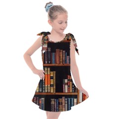 Assorted Title Of Books Piled In The Shelves Assorted Book Lot Inside The Wooden Shelf Kids  Tie Up Tunic Dress by 99art