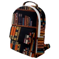 Assorted Title Of Books Piled In The Shelves Assorted Book Lot Inside The Wooden Shelf Flap Pocket Backpack (small) by 99art