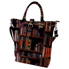 Assorted Title Of Books Piled In The Shelves Assorted Book Lot Inside The Wooden Shelf Buckle Top Tote Bag by 99art