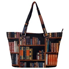Assorted Title Of Books Piled In The Shelves Assorted Book Lot Inside The Wooden Shelf Full Print Shoulder Bag by 99art