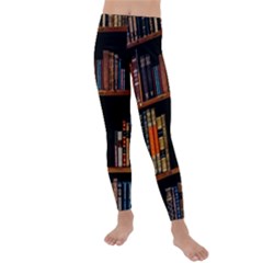 Assorted Title Of Books Piled In The Shelves Assorted Book Lot Inside The Wooden Shelf Kids  Lightweight Velour Leggings by 99art