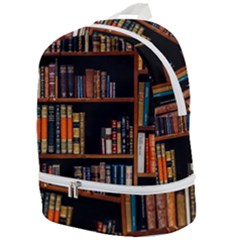 Assorted Title Of Books Piled In The Shelves Assorted Book Lot Inside The Wooden Shelf Zip Bottom Backpack by 99art