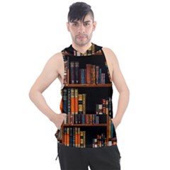 Assorted Title Of Books Piled In The Shelves Assorted Book Lot Inside The Wooden Shelf Men s Sleeveless Hoodie by 99art