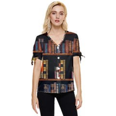 Assorted Title Of Books Piled In The Shelves Assorted Book Lot Inside The Wooden Shelf Bow Sleeve Button Up Top by 99art