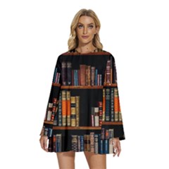 Assorted Title Of Books Piled In The Shelves Assorted Book Lot Inside The Wooden Shelf Round Neck Long Sleeve Bohemian Style Chiffon Mini Dress by 99art