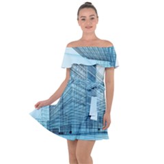 Architecture Blue Drawing Engineering City Modern Building Exterior Off Shoulder Velour Dress by 99art