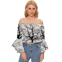 Tree-silhouette-winter-plant Off Shoulder Flutter Bell Sleeve Top by 99art