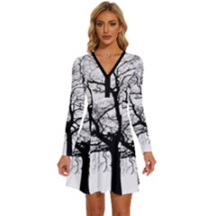 Tree-silhouette-winter-plant Long Sleeve Deep V Mini Dress 