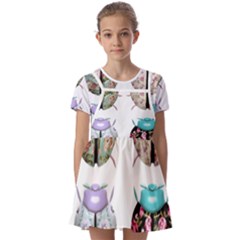 Ladybug-flower-pattern-shabby-chic Kids  Short Sleeve Pinafore Style Dress