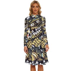 Scooter-motorcycle-boot-cartoon-vector Long Sleeve Shirt Collar A-line Dress by 99art