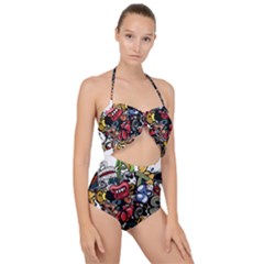 Mural Graffiti Paint Scallop Top Cut Out Swimsuit by 99art