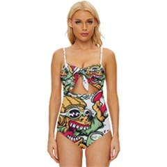 Scooter-motorcycle-graffiti Knot Front One-piece Swimsuit