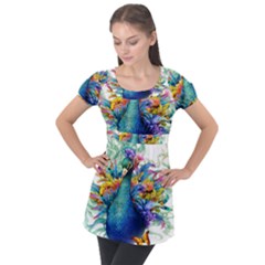Bird-peafowl-painting-drawing-feather-birds Puff Sleeve Tunic Top