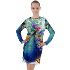 Bird-peafowl-painting-drawing-feather-birds Long Sleeve Hoodie Dress by 99art