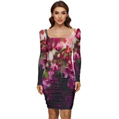 Pink Flower Women Long Sleeve Ruched Stretch Jersey Dress by artworkshop