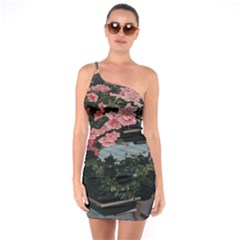 Pink Peony  Flower One Shoulder Ring Trim Bodycon Dress by artworkshop