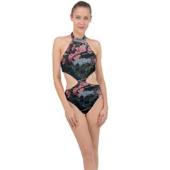 Pink Peony  Flower Halter Side Cut Swimsuit by artworkshop