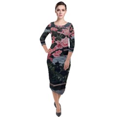 Pink Peony  Flower Quarter Sleeve Midi Velour Bodycon Dress by artworkshop