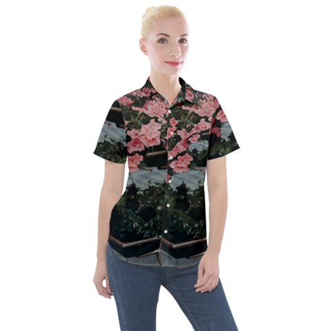 Pink Peony  Flower Women s Short Sleeve Pocket Shirt by artworkshop
