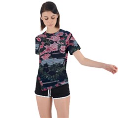 Pink Peony  Flower Asymmetrical Short Sleeve Sports Tee by artworkshop