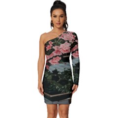 Pink Peony  Flower Long Sleeve One Shoulder Mini Dress by artworkshop