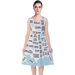 Black White Usa Map States V-neck Midi Sleeveless Dress 