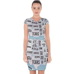 Black White Usa Map States Capsleeve Drawstring Dress 