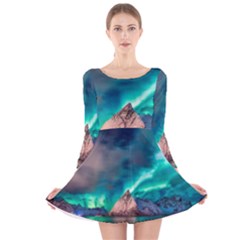 Amazing Aurora Borealis Colors Long Sleeve Velvet Skater Dress