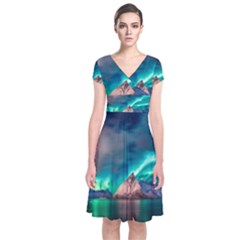 Amazing Aurora Borealis Colors Short Sleeve Front Wrap Dress