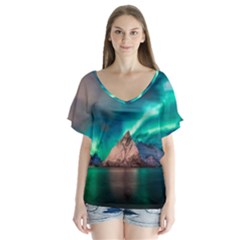 Amazing Aurora Borealis Colors V-neck Flutter Sleeve Top by B30l