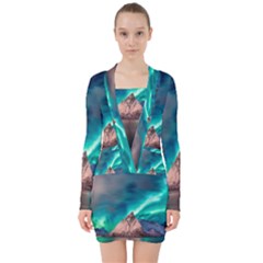 Amazing Aurora Borealis Colors V-neck Bodycon Long Sleeve Dress